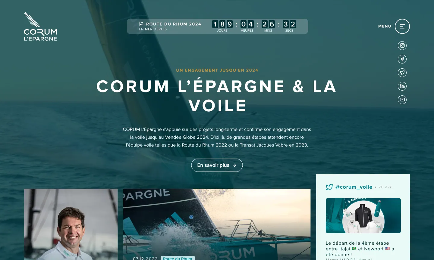 La page d'accueil : compte à rebours de la Route du Rhum posé sur une photo de navigation, et fil d'actualité du bateau